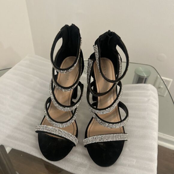 Bamboo Black Rhinestone Ankle Strap Heels Sz 10 READ Damage - Picture 2 of 10